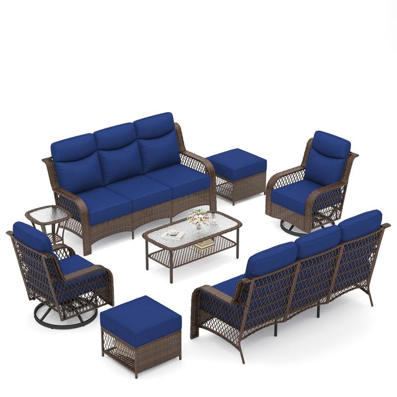 High Back Outdoor Swivel Rocker Patio Chairs Set of 2 with 5-Inch Thick Cushions and Side Table for Porch, Poolside - 8PCS - Swivel Gliders & 3-Seat Sofa