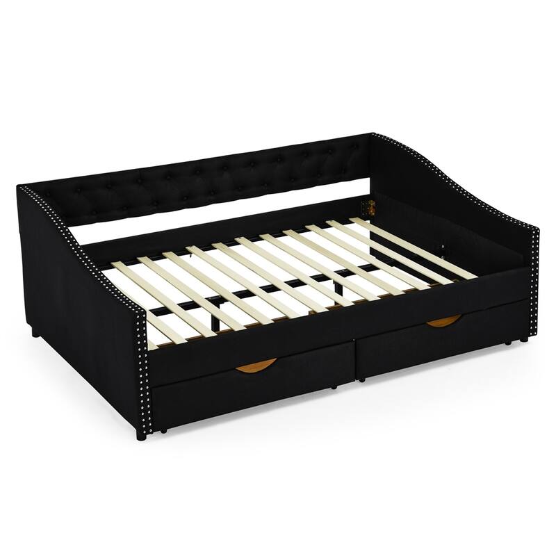 Full Size Upholstered Tufted Daybed with Drawers and Copper Nail