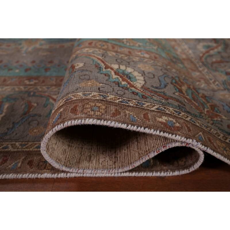 Gray Geometric Tabriz Persian Antique Area Rug Handmade Wool Carpet - 10'1" x 12'7"