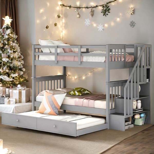 slide 2 of 48, Twin Over Twin Bunk Bed with Twin size Trundle For Bedroom Grey
