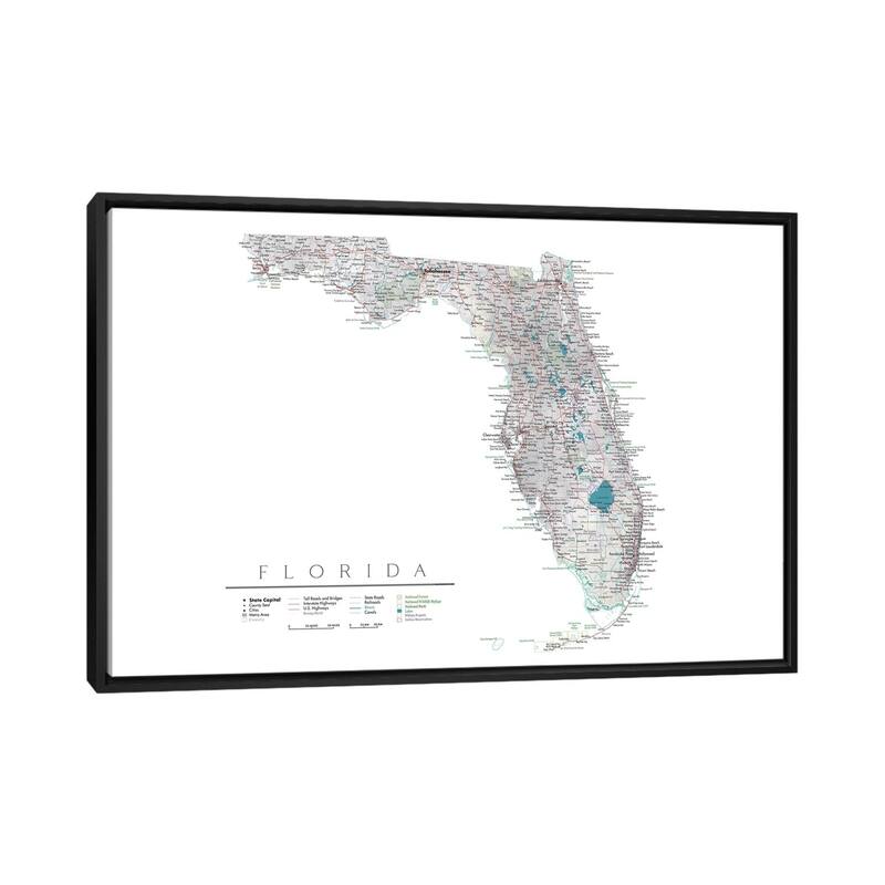iCanvas "Detailed Map Of Florida, USA" by blursbyai Framed Canvas Print - Black - 32x48