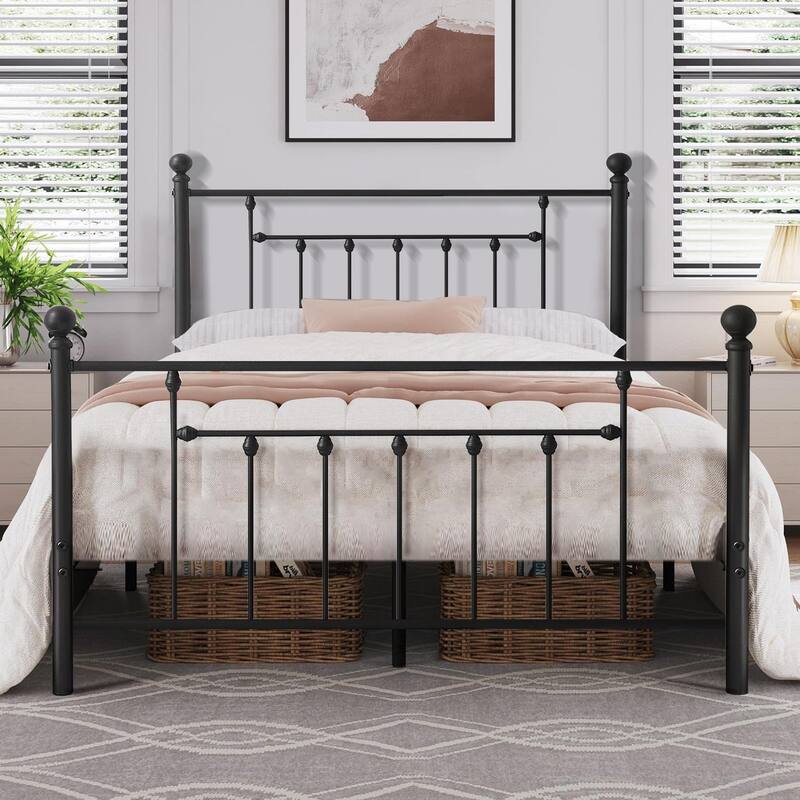 VECELO Metal Platform Bed Frame with Headboard and Footboard, Heavy Duty Slat Support/Underbed Storage Space, Victorian Style