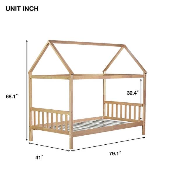 dimension image slide 4 of 5, Twin Size Solid Wood House Frame Platform Bed, with Headboard and Footboard, with Underbed Storage Space, Minimalist Kids Bed