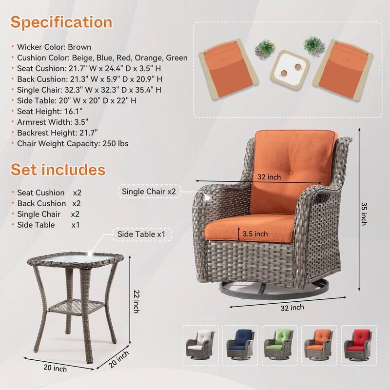 Cozywor 3-Piece Wicker Patio Swivel Outdoor Rocking Chair Set