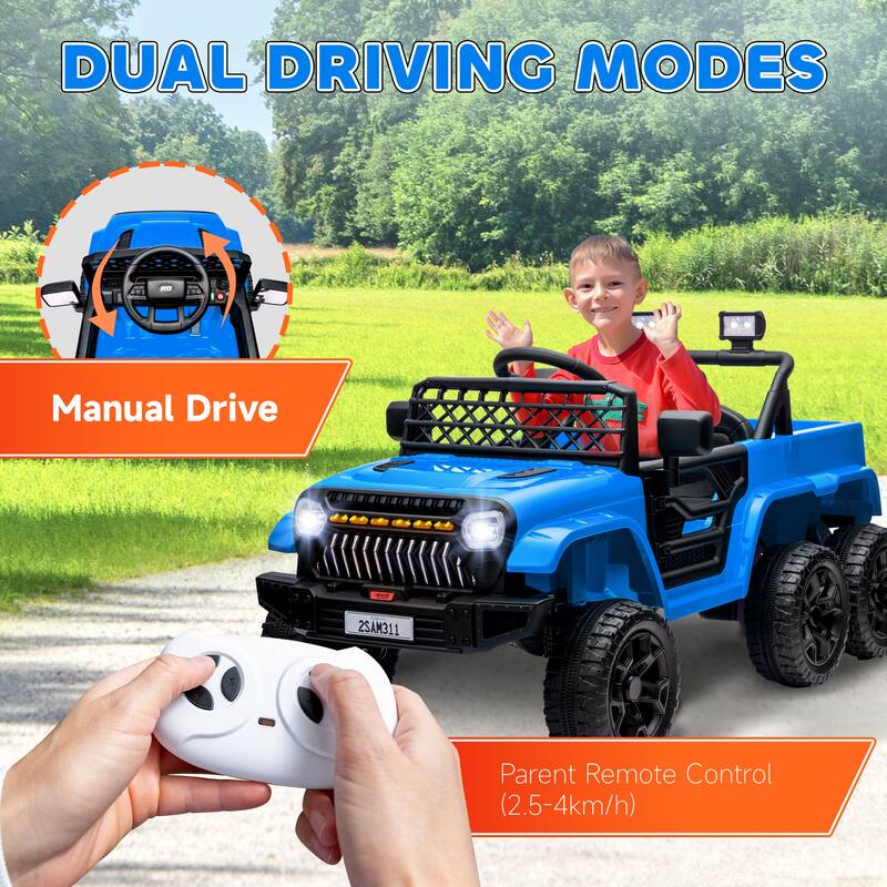 12V Kids Ride-On 4x4 Truck with Back Trailer, Remote Control, Spring Suspension, Music, LED Lights, and Horn for Ages 3-8