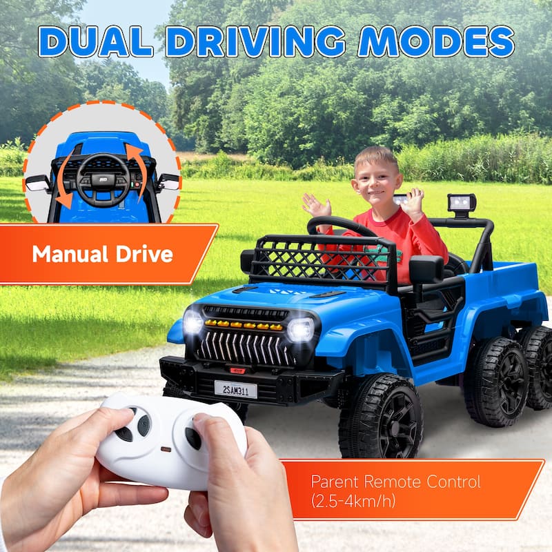 Electric Car Light Blue Ride-On Car with Parent Remote Control, Engineering Car Electric Vehicle with Trailer