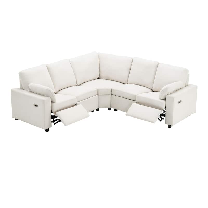 88.9" Linen Power Recliner Sectional 5-Seat Sofa with USB Ports and Storage Drawers