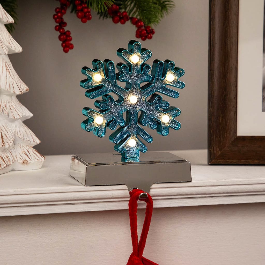 LED Lighted Glittered Snowflake Christmas Stocking Holder - 6.5" - Blue