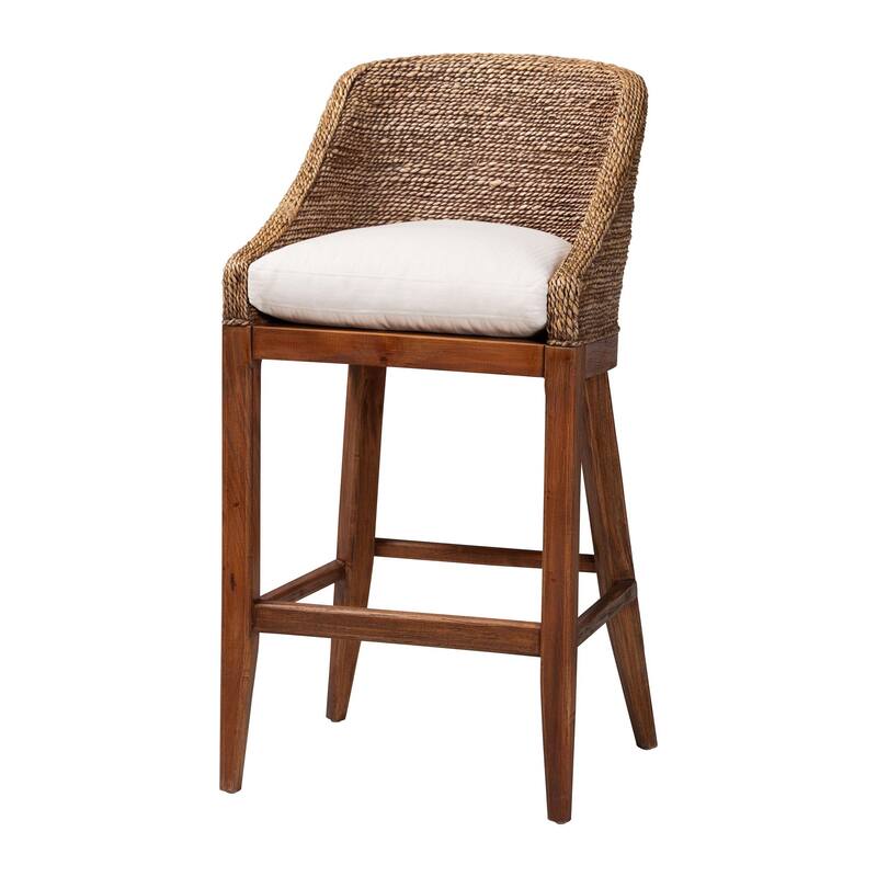 Jasper Seagrass Bar Stool with Mahogany Wood Frame - Coastal Seating with Woven Wingback and Cushioned Seat for Bar Island - Brown Wash