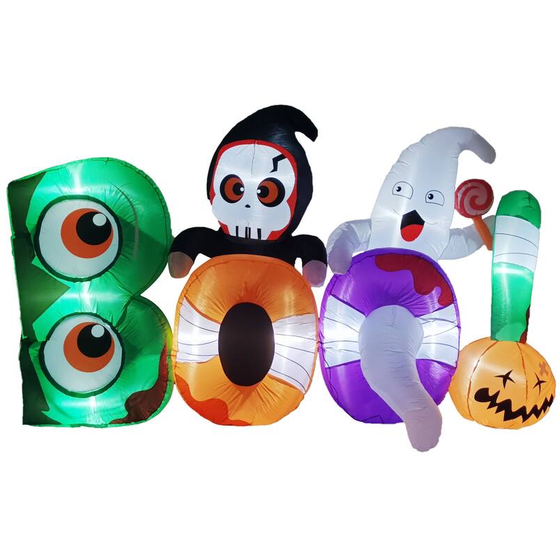 Haunted Hill Farm 8-ft. Wide Prelit Inflatable Boo Sign with Reaper and Ghost