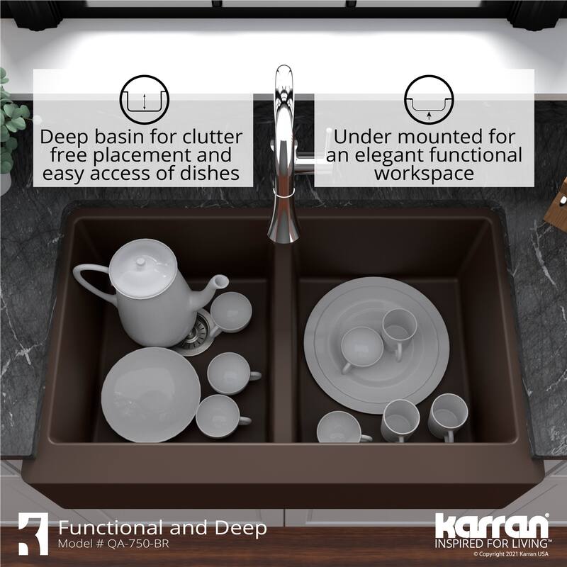 Karran Farmhouse Apron Front Quartz Double Bowl Kitchen Sink Kit