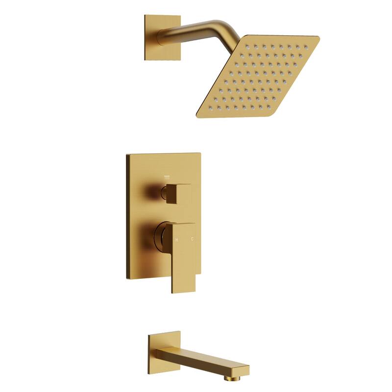 GRANDJOY 2-Function Tub and Shower Faucet Set with Single Handle Valve, Wall-Mount Design - Brushed Gold