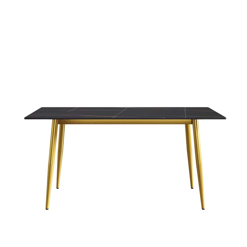 63" Rectangle Marble Top Dining Table, Black Sintered Stone Kitchen Table with Metal Legs