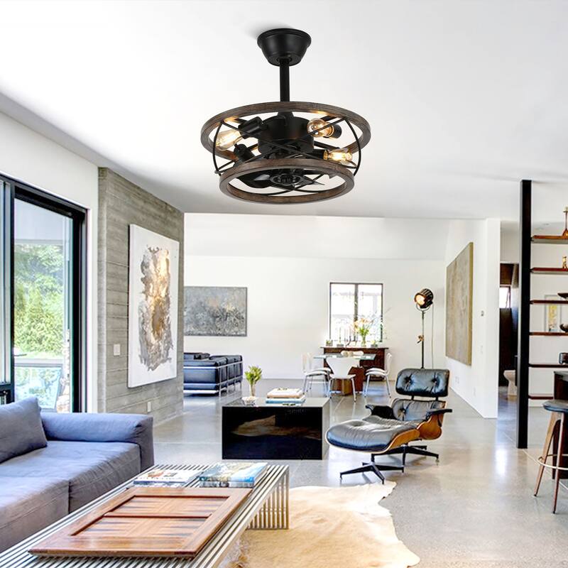 CurveCurio18" Small Farmhouse Ceiling Fan Light 4-Light Solid Wood Shade Quiet Motor w Remote Control Included for Bedroom
