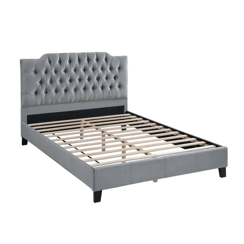 Modern Gray Velvet Full Size Bed with Tufted Headboard