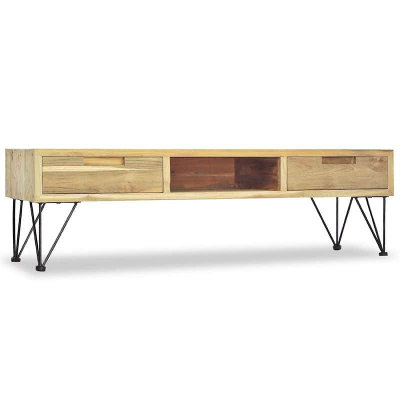 TV Stand Media Cabinet, Natural Teak Wood and Wrought Iron, 47 Inch
