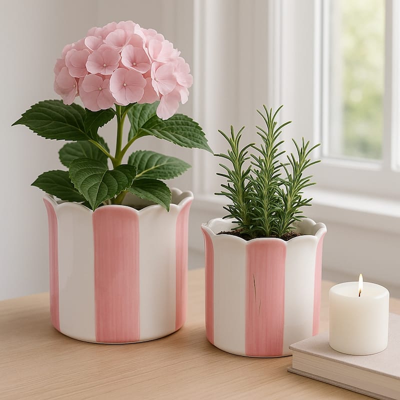 Ceramic Striped Flower Pots with Scalloped Edge - Set 2, 8", 6" - 8.0"