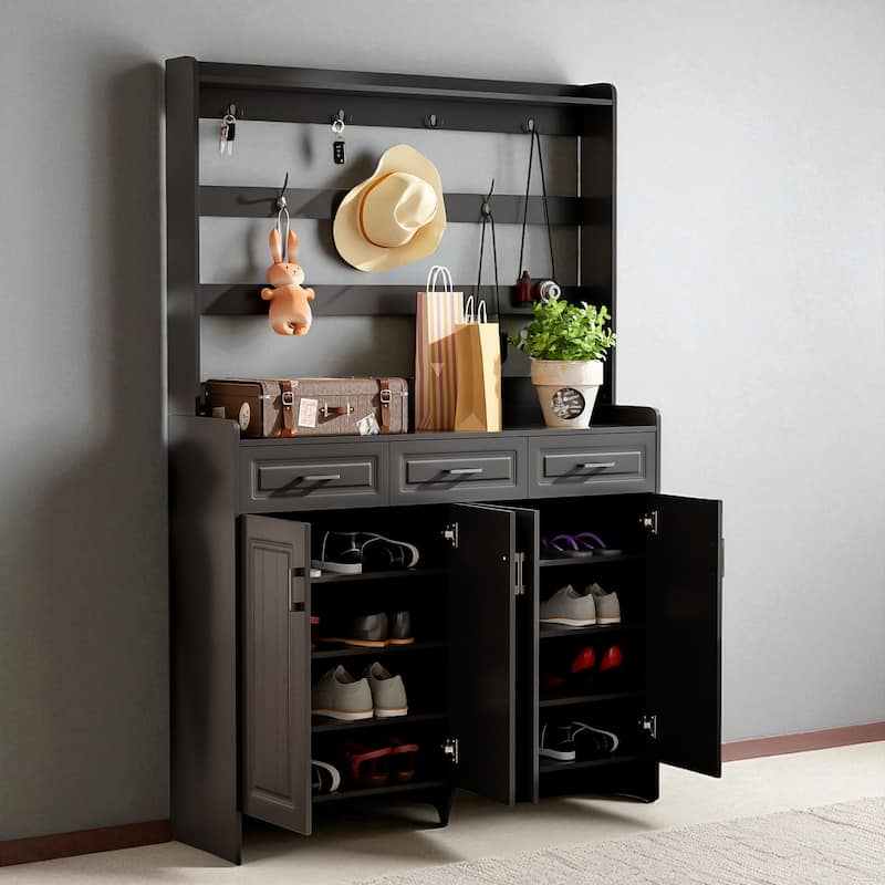 51.2" Hallway Shoe Cabinet with Coat Rack, 4 Doors, 3 Drawers, 8 Shelves & Metal Hooks