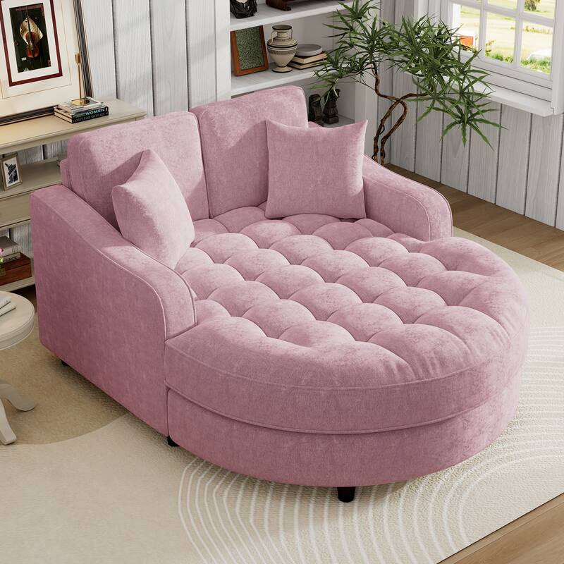55" Modern Chaise Lounge Sofa Bed Upholstered Sofa Couch with Tufted Seat and Detachable Pillows for Living Room - Pink