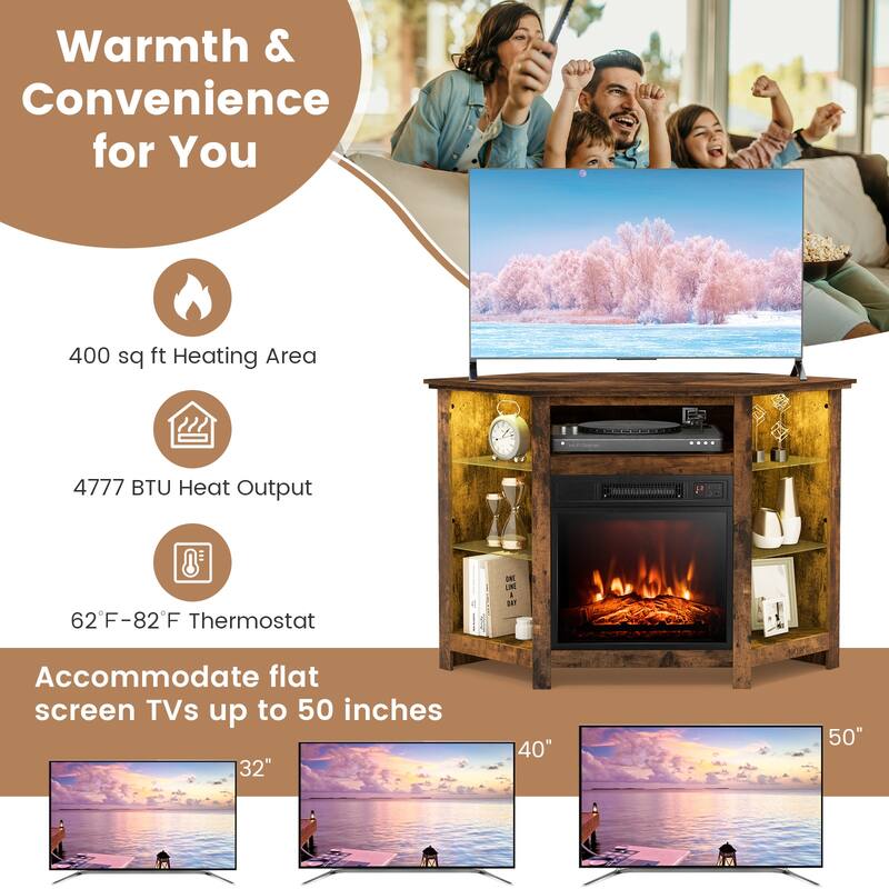 Electric Fireplace Corner TV Stand with LED Lights and Adjustable Glass Shelves - 45" x 22" x 30"
