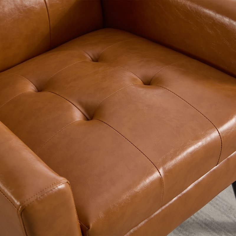 PU Leather Upholstered Accent Chair, Ergonomic Reading Side Chair, Single Sofa Chair with Curved Back & Wood Legs
