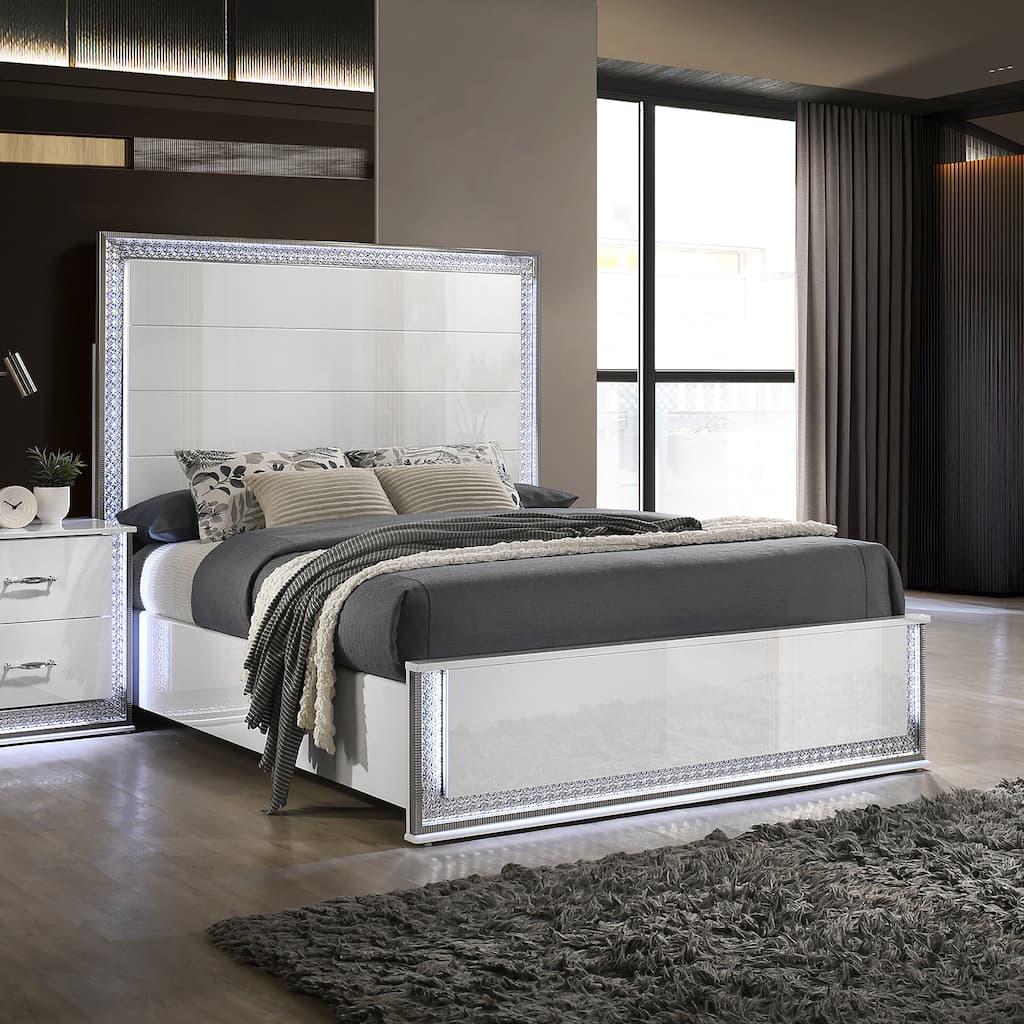 Furniture of America Andrea Modern White Platform Bed with Embedded LED Lighting