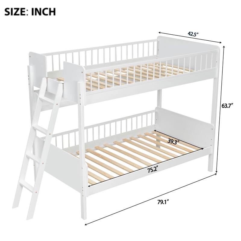 Twin over Twin Wooden Bunk Bed with 3 Storage Shelves, Reversible Ladder, Safety Guardrails and No Box Spring Needed