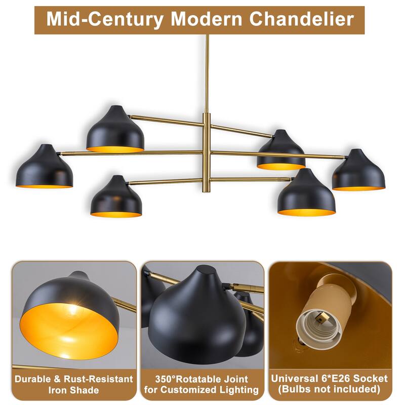 6-Light Mid-Century Matte Black & Gold Linear Chandelier Iron Shades - W 55.12-in