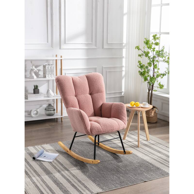 Mid Century Modern Teddy fabric Tufted Upholstered Rocking Chair Padded Seat for Living Room Bedroom