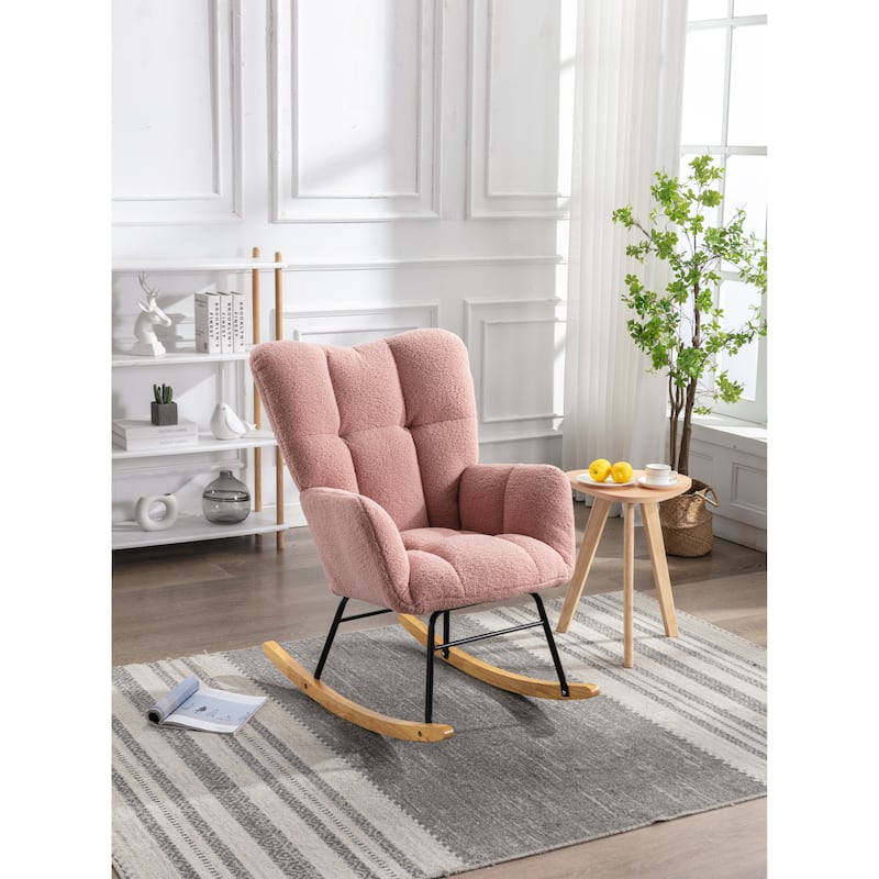 Modern 31.5" High Back Upholstered Buttons Tufted Rocking Chair with Solid Wood Legs and Black Paint Metal Base