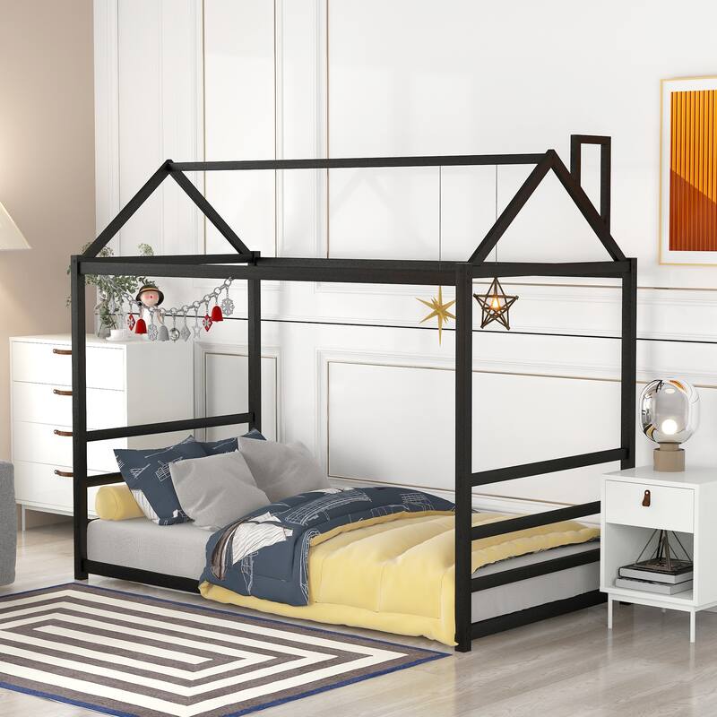 House Platform Bed With Roof And Chimney Design - Black