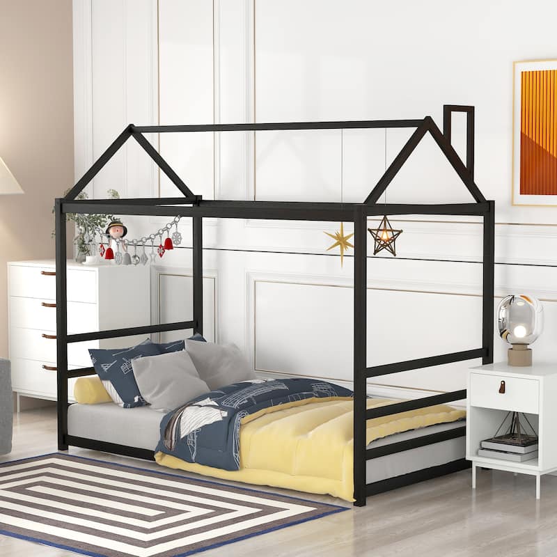 Twin Metal House Low Bed with Headboard & Footboard