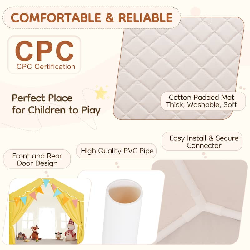 EROMMY Kids Tent Playhouse with LED Star Lights and Padded Mat, Large Indoor Toddler Tent for Boys and Girls.