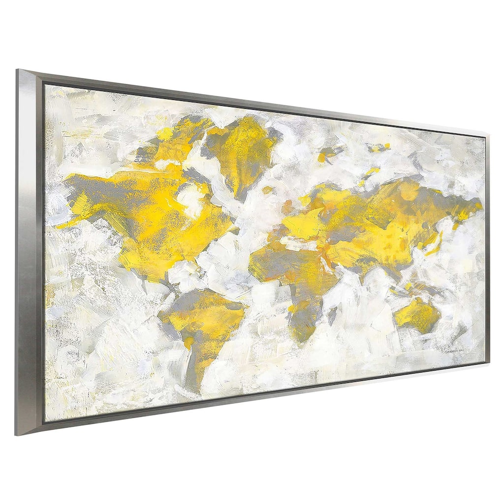 "World Map Yellow Gray" Print on Floating Canvas