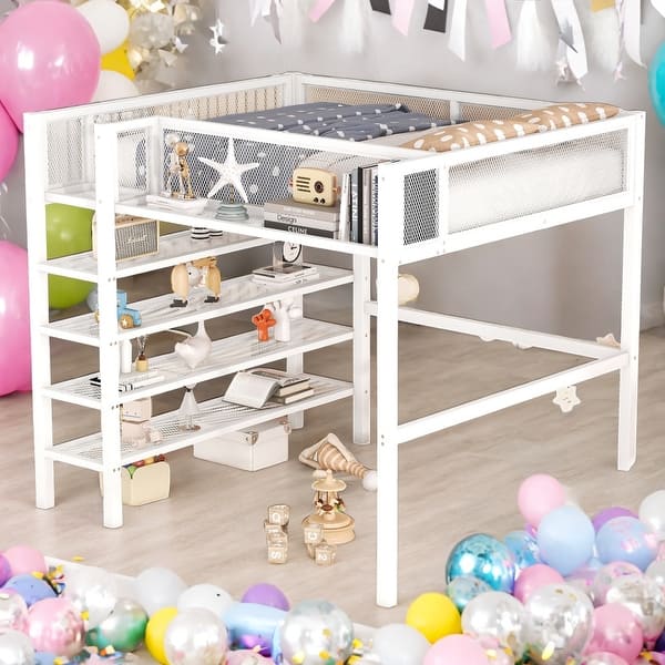 slide 2 of 9, Full Size Metal Loft Bed with 4-Tier Shelves and Storage for Home White