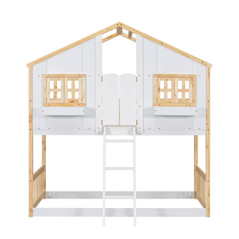 Twin over Twin House Bunk Bed with Roof ,Window,Window Box, Door,with Safety Guardrails and Ladder