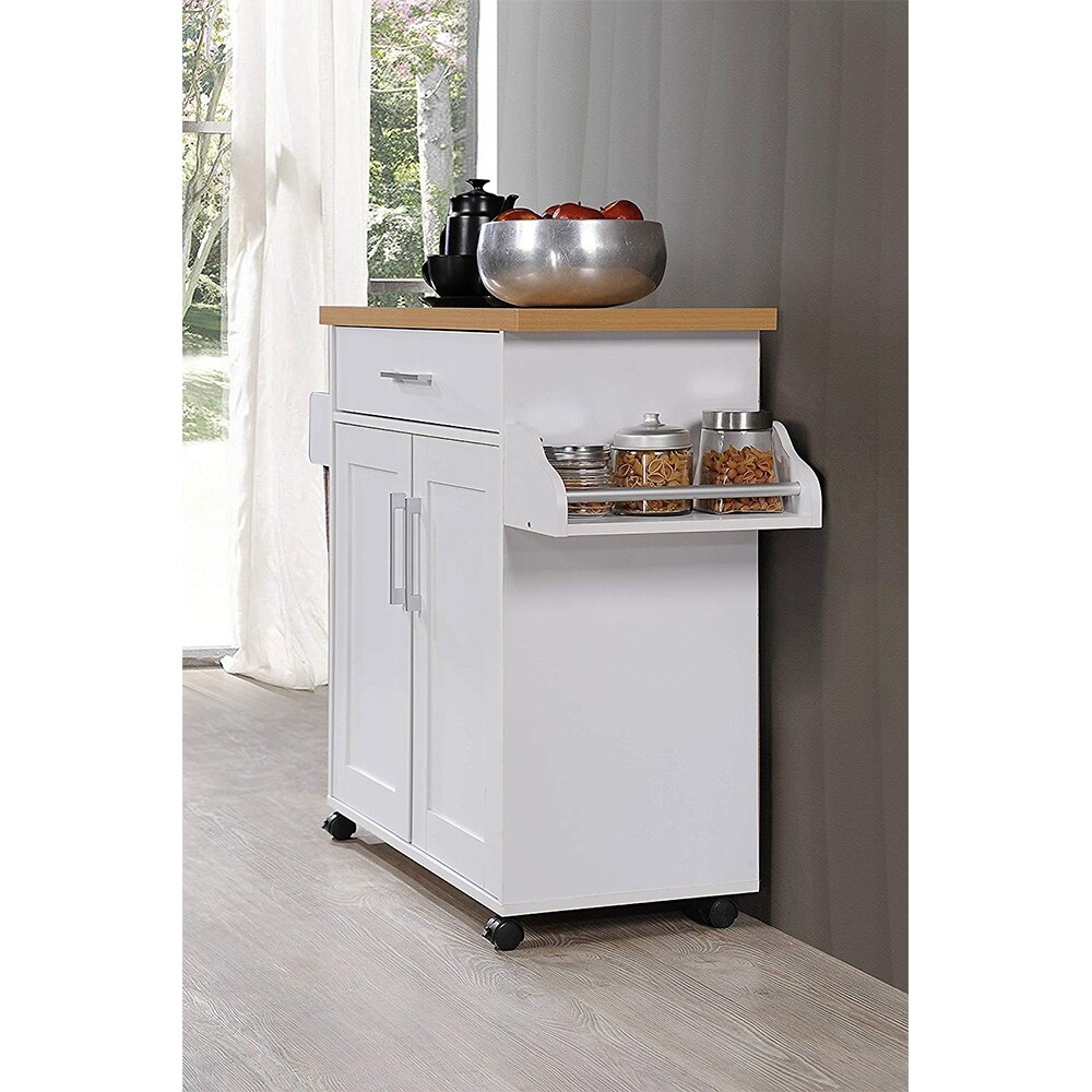 Hodedah Import Wheeled Kitchen Island w Spice Rack Towel Holder White Beech 64