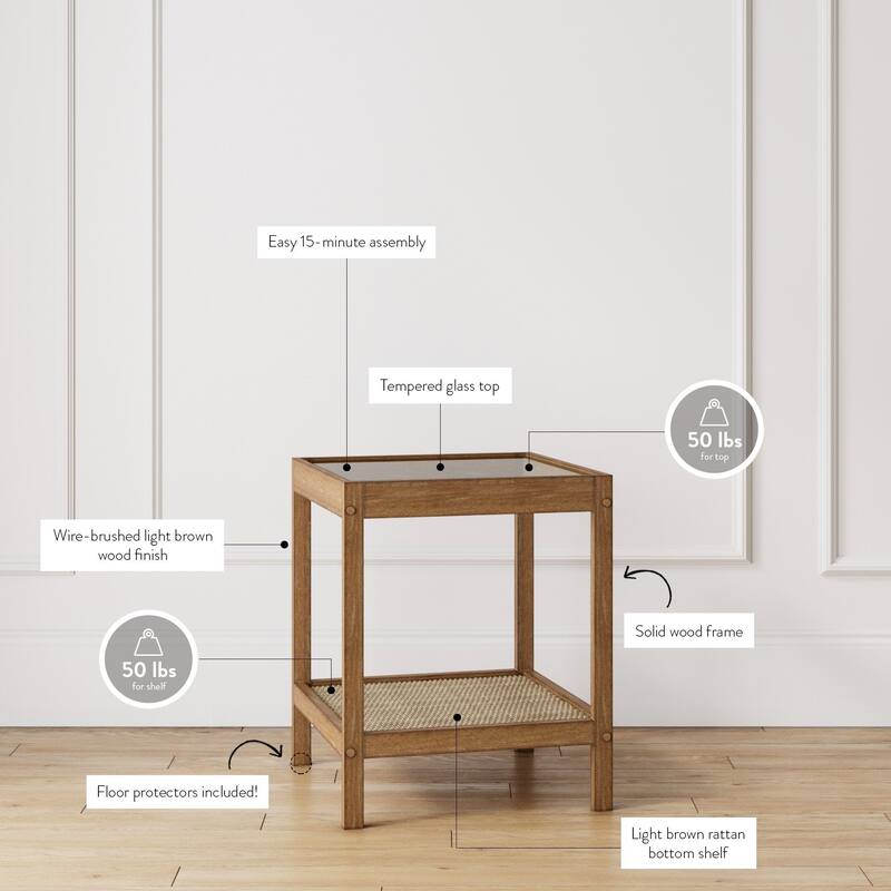 Nathan James Hayes Nightstand, Light Brown Finish, Glass Top