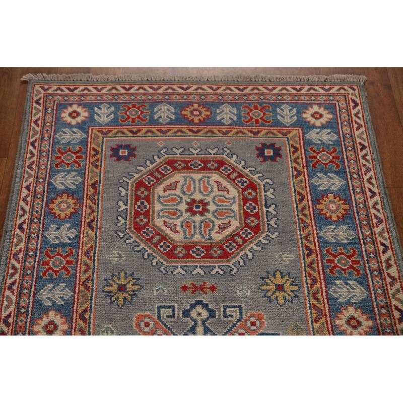 Traditional Geometric Kazak Oriental Grey Wool Runner Rug Hand-knotted - 2'8" x 9'9"