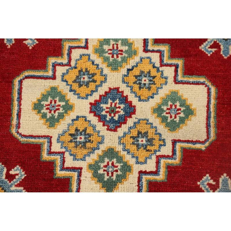 Geometric Red Kazak Foyer Rug Hand-Knotted Wool Carpet - 2'8" x 4'1"