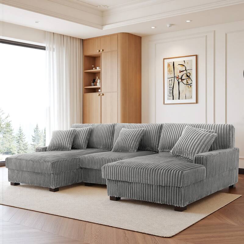 118.3" W U-Shape Plush Corduroy Upholstered Comfy Cloud Sectional Sofa
