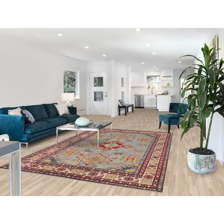 Hand Knotted Oriental 100% Wool Carpet Traditional Geometric Navy Blue & Blues Kazak Area Rug - 9' 8'' X 6' 6''