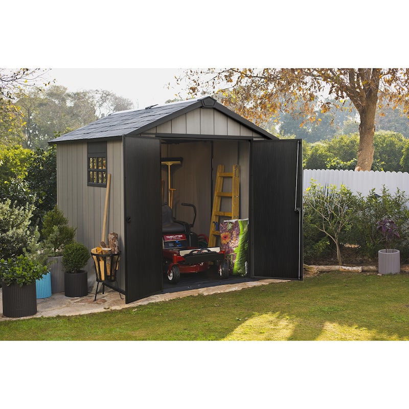 Keter Oakland 7.5x9 ft. Resin Outdoor Storage Shed With Floor for Patio Furniture and Tools, Grey