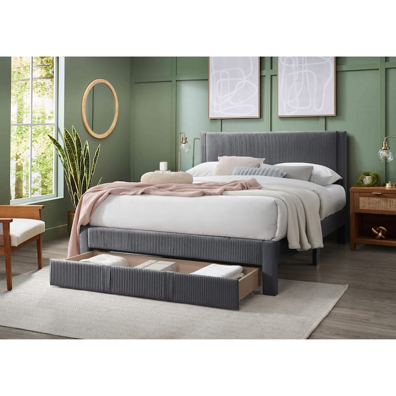 Queen Size Corduroy Platform Bed with Storage Drawer and Channel-Tufted Headboard and Contemporary Design