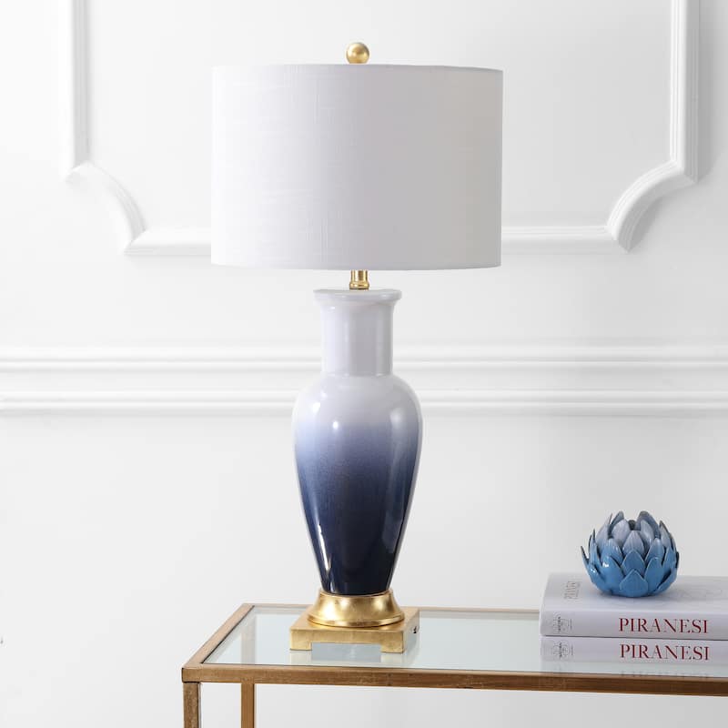 Carter Dye 31.5" Ceramic LED Table Lamp, White/Navy by JONATHAN Y