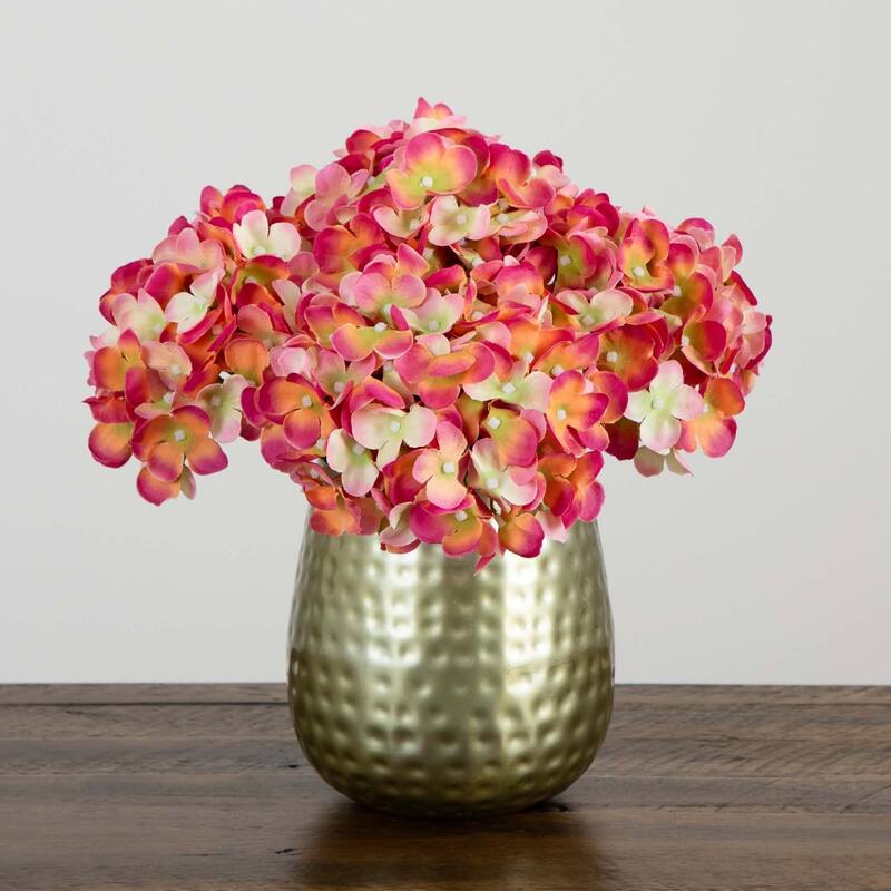 Hydrangea Artificial Floral Arrangement with Metal Vase - 11" - Pink