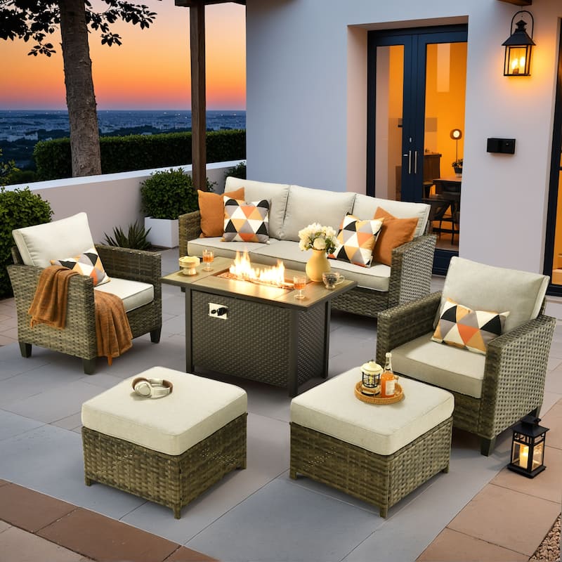 OVIOS 6 Pieces Patio Furniture Set with Fire Pit - Grey