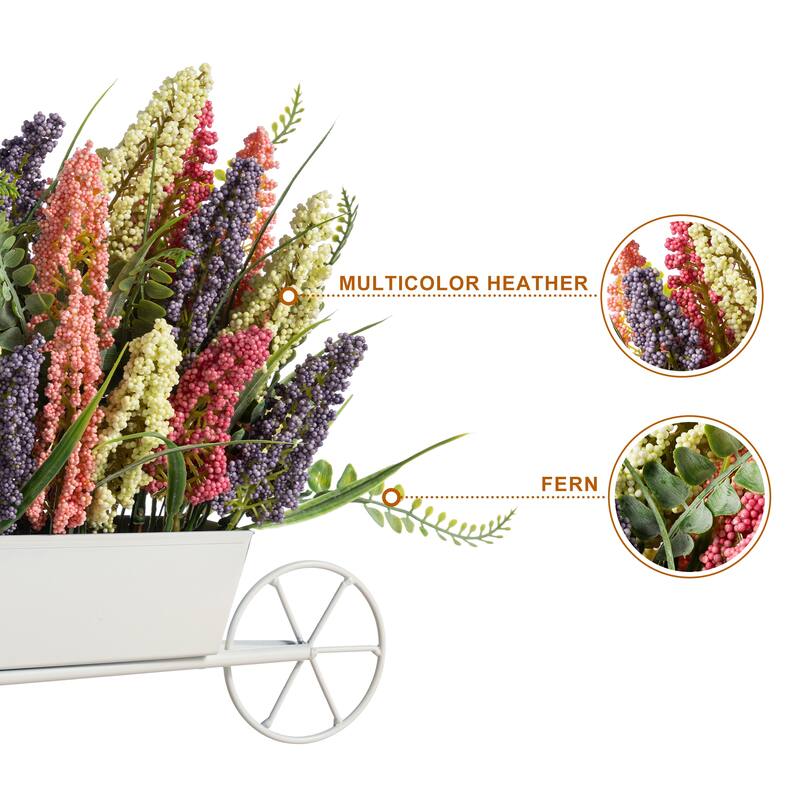 Glitzhome 11"H Pink, Purple & Yellow Mixed Heather Cart Centerpiece