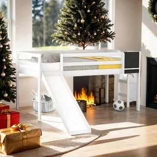 Twin size Loft Bed Wood Bed with Slide, Stair and Chalkboard, White