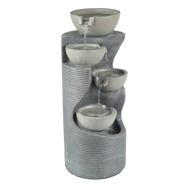 Modern Gray Resin Tiered Bowls Outdoor Fountain with Lights - 31.89" H x 13.39" W x 13" D